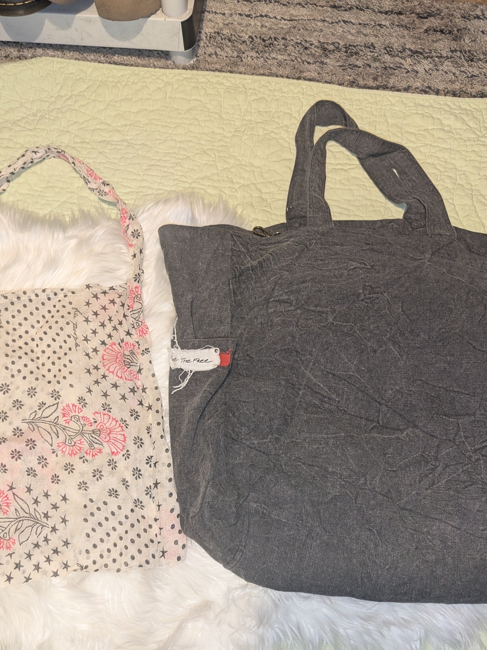 Free People Charcoal Gray Canvas Tote with Floral Cream Crossbody
